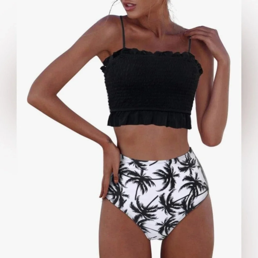 NWT Sporlike Size M Black Bandeau Top W‎ Palm Tree Print Bottom Bikini